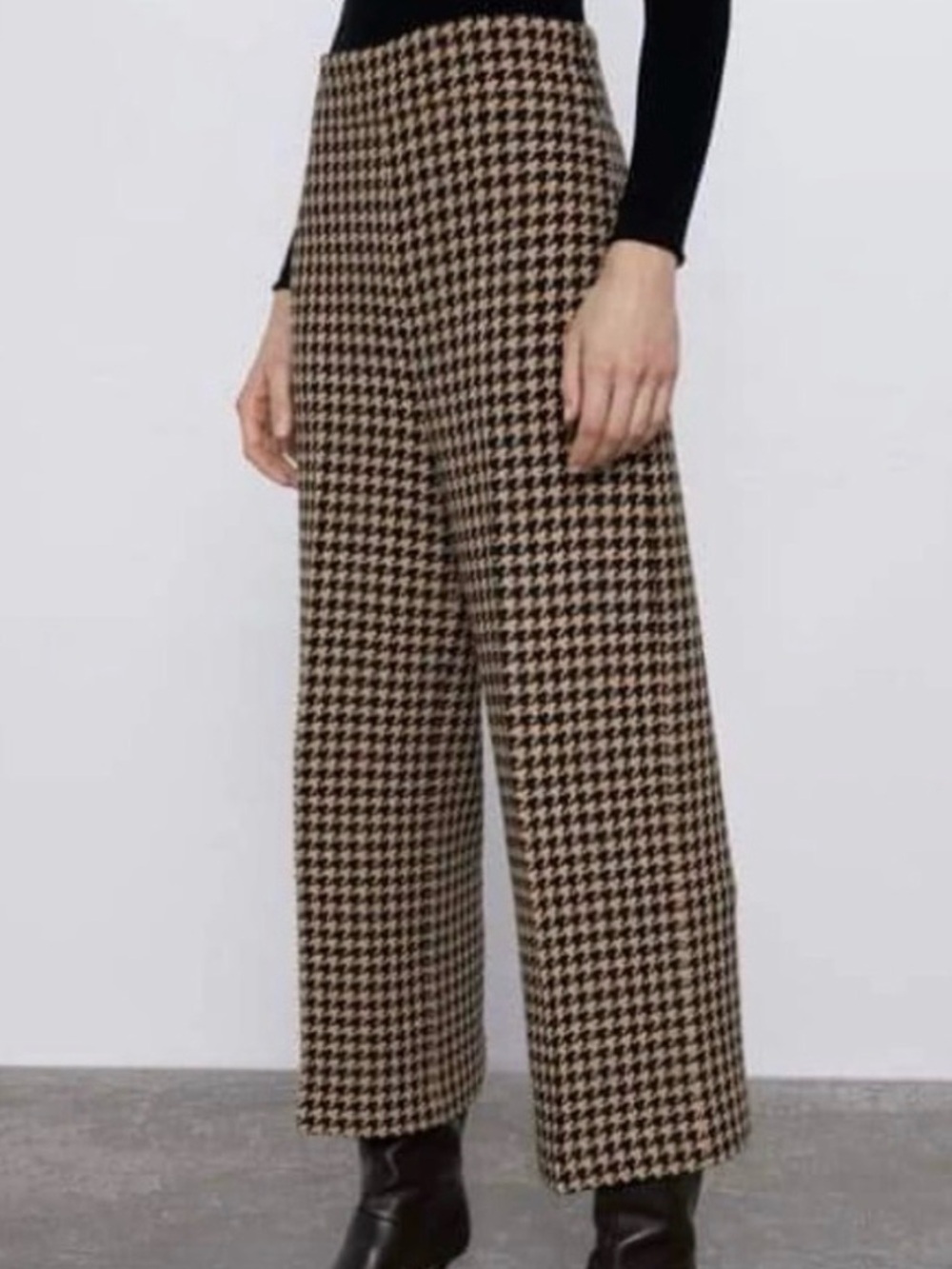 NWOT Zara High Waist Houndstooth Wide Leg Cropped Pants Size Medium